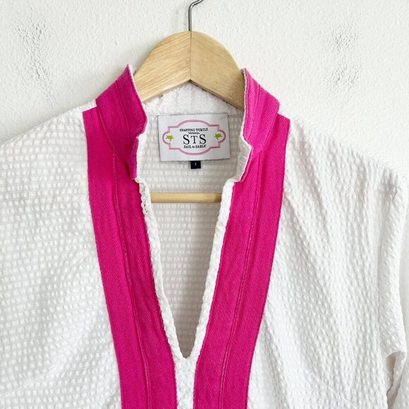 Sail To Sable Dress White Pink Seersucker Tunic V-Neck Coverup Coastal - Picture 2 of 8